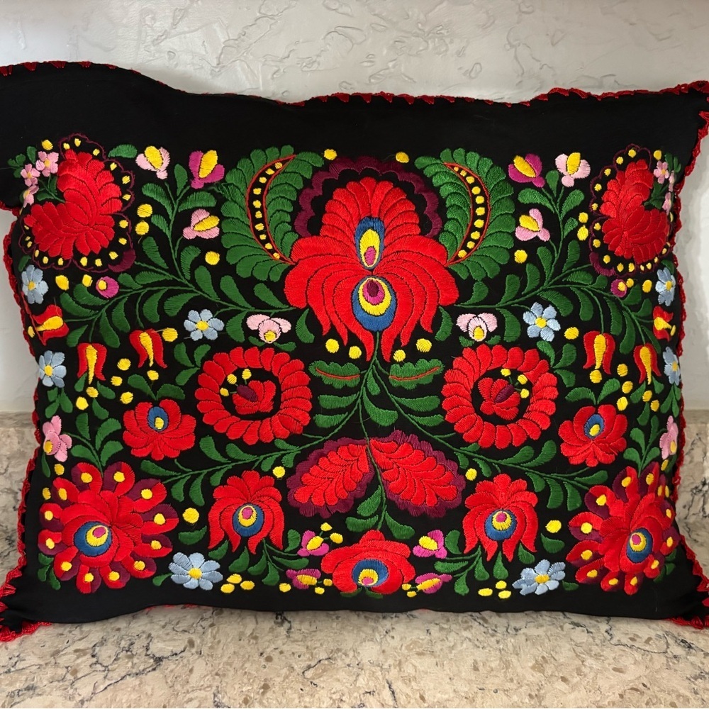Matyo Folk Art Silk Embroidered Floral Throw Pillow Hungarian Floral Needlework